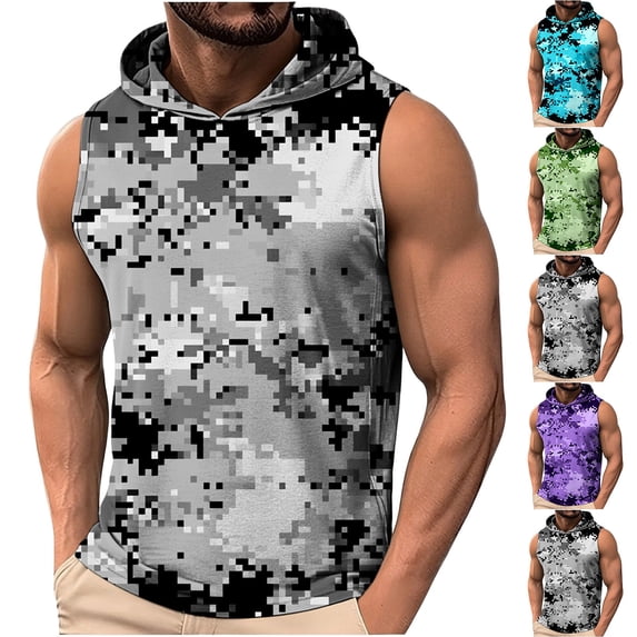 BLTIBY Men's Tank Tops Sleeveless Gym Training Pullover Camo Hooded Workout Bodybuilding Muscle T Shirt Black L