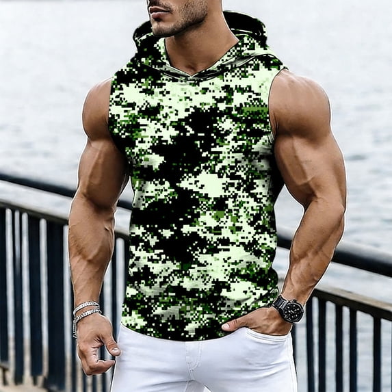 BLTIBY Men's Tank Tops Sleeveless Gym Training Pullover Camo Hooded Workout Bodybuilding Muscle T Shirt Green 2 L