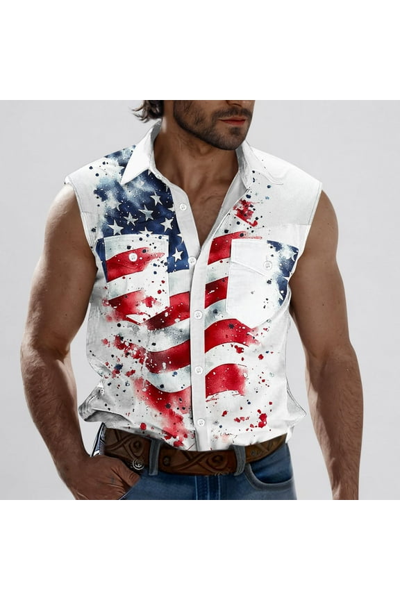 Men's Vest Summer Independence Day Printed Lapel Button Up Workout Tank Fashion Lightweight Sports Tops White S