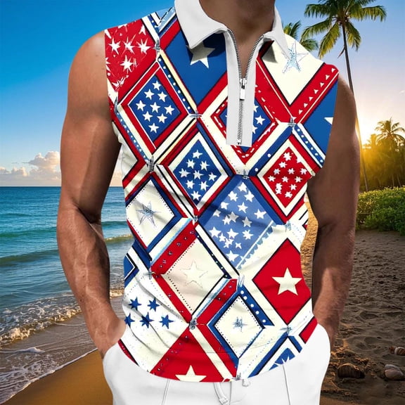 BLTIBY Men's Vest Summer Independence Day Printed Lapel Zip Up Workout Tank Fashion Lightweight Sports Sleeveless Tops Multicolor XL