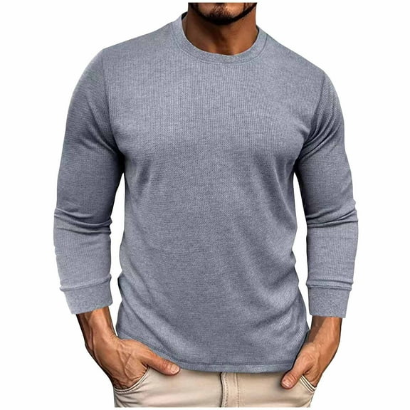 BLTIBY Men's Waffle Long Sleeve Shirts Solid Colour Crew Neck Thermal Underwear Tops Casual Pullover Sweaters Knit Undershirts Fashion Lightweight Sweatshirts Gray L