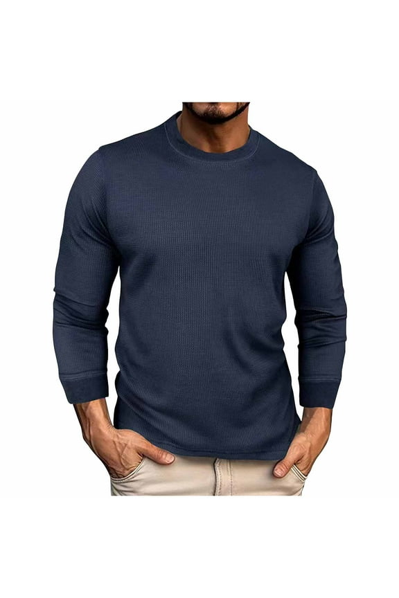 Men's Waffle Long Sleeve Shirts Solid Colour Crew Neck Thermal Underwear Tops Casual Pullover Sweaters Knit Undershirts Fashion Lightweight Sweatshirts Navy L