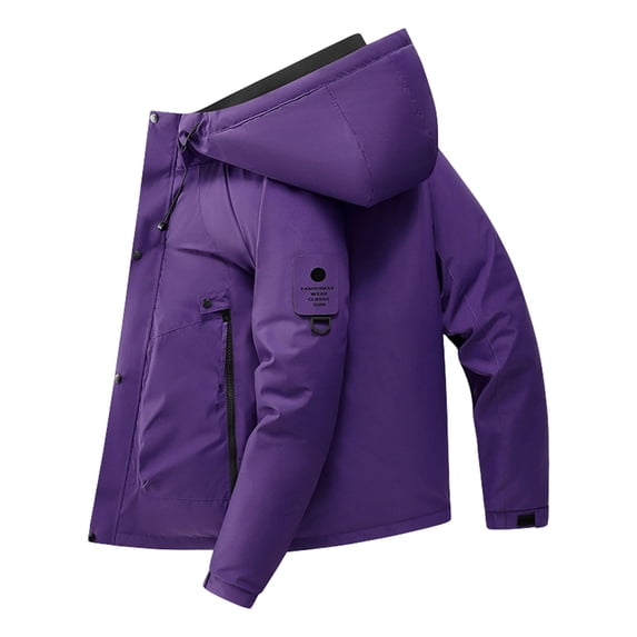 BLTIBY Men's Waterproof Hooded Rain Jacket Lightweight Windproof Fleece Lined Warm Versatile Raincoat with Pockets for Hiking Camping Outdoor Purple S
