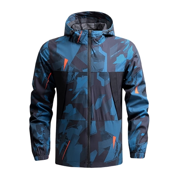BLTIBY Men's Waterproof Raincoat Lightweight Rain Jacket Camo Printed Hooded Jackets Softshell Windbreaker for Hiking Travel Blue M
