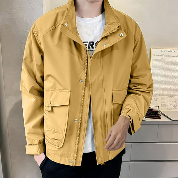 BLTIBY Men's Winter Casual Jacket Hooded Fall Winter Solid Color Thicken Outwear Fashion Lightweight Coat with Pockets Yellow S