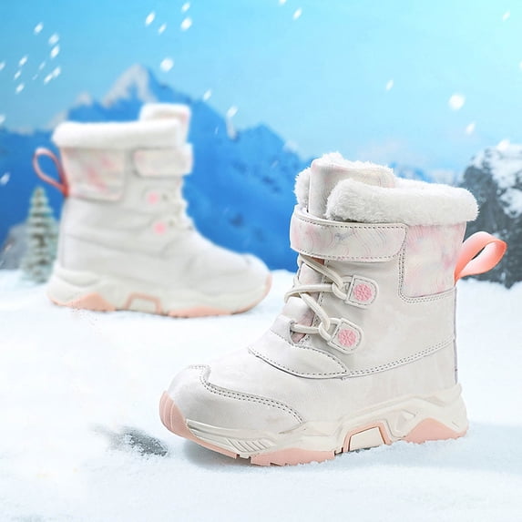 BLTIBY Winter Snow Boots for Boys Girls Teen Non-Slip Lace Up Waterproof Outdoor Fleece Warm Boot Cozy Hiking Walking Shoes White 11.5-12Years