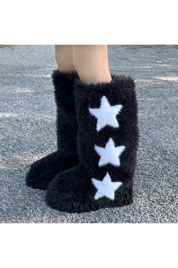 Women's Faux Fur Boots Winter Comfy Plush Warm Snow Boot Comfortable Furry Knee-High Boots Fuzzy Outdoor Star Printed Flat Shoes Black 40