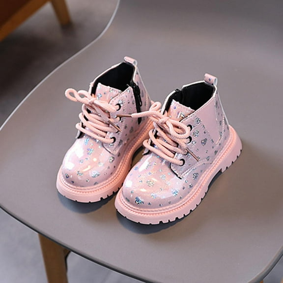 BLTIBY Girls Ankle Boot Side Zipper Combat Lace Up Boots Non Slip Printed Comfort Short Boots for Toddler Little Kid Big Kid Pink 2 2-2.5 Years
