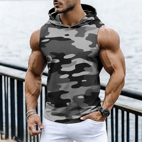 BLTIBY Men's Workout Tank Top Sleeveless Gym Training Pullover Camo Hoodies Bodybuilding Muscle T Shirt Black 2 L