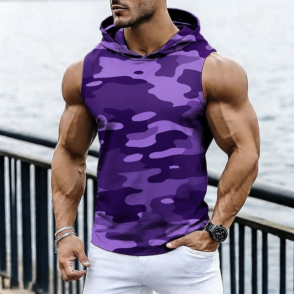 BLTIBY Men's Workout Tank Top Sleeveless Gym Training Pullover Camo Hoodies Bodybuilding Muscle T Shirt Purple 2 L