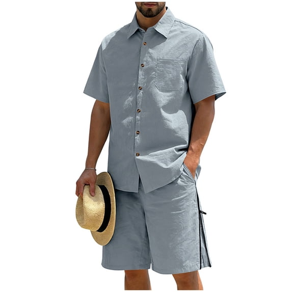 BLTIBY Mens 2 Piece Outfits Summer Set Short Sleeve Button Down Lapel Shirts and Shorts Beach Casual Jogging Suits with Pockets Gray S
