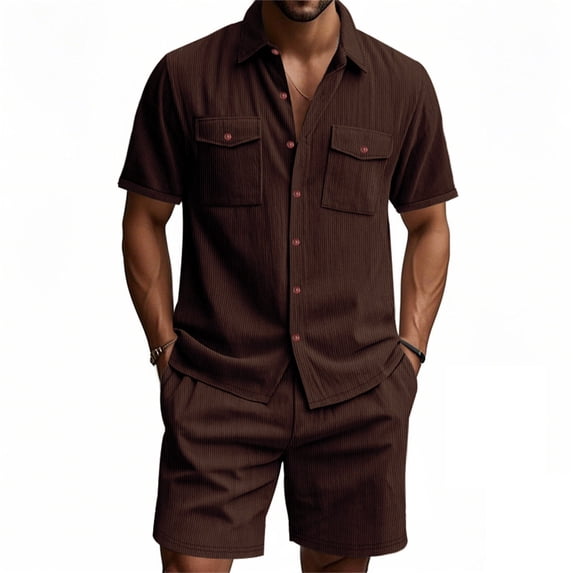 BLTIBY Mens 2 Pieces Corduroy Outfits Short Sleeve Button Down Lapel Shirts with Shorts Beach Sets with Pockets Brown S