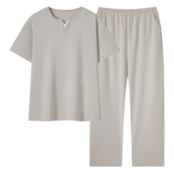 BLTIBY Mens 2 Pieces Cotton Outfits Short Sleeve V Neck Shirts and Pants Casual Sets with Pockets Khaki 4XL