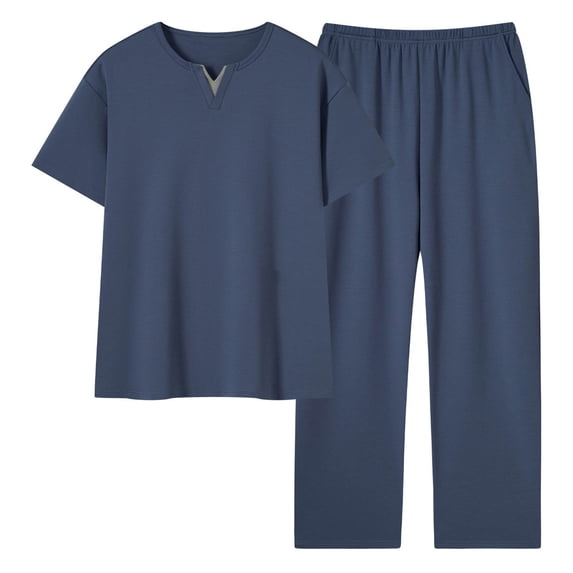 BLTIBY Mens 2 Pieces Cotton Outfits Short Sleeve V Neck Shirts and Pants Casual Sets with Pockets Navy L
