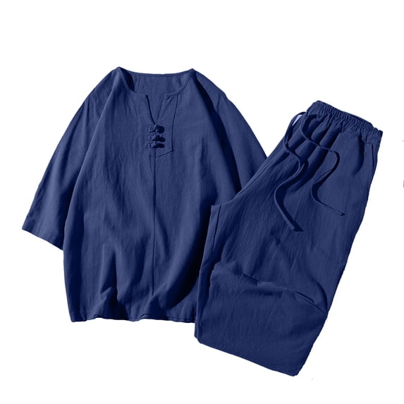 BLTIBY Mens 2 Pieces Linen Outfits Japanese Style Kimono Short-Sleeved T-Shirt Pants Lightweight Sets with Pockets Navy M