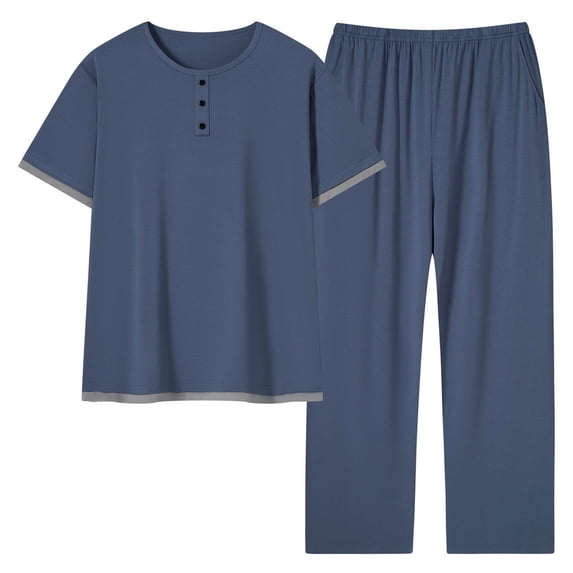 BLTIBY Mens 2 Pieces Outfits Short Sleeve Henley Shirts and Wide Leg Pants Tracksuits Sets with Pockets Navy 4XL