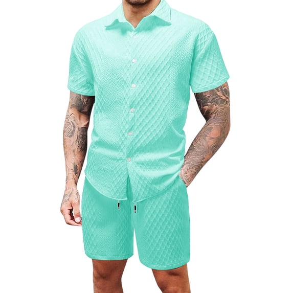 BLTIBY Mens 2 Pieces Outfits Texture Short Sleeve Button Down Lapel Shirts and Drawstring Shorts Tracksuit Beach Sets with Pockets Mint Green S