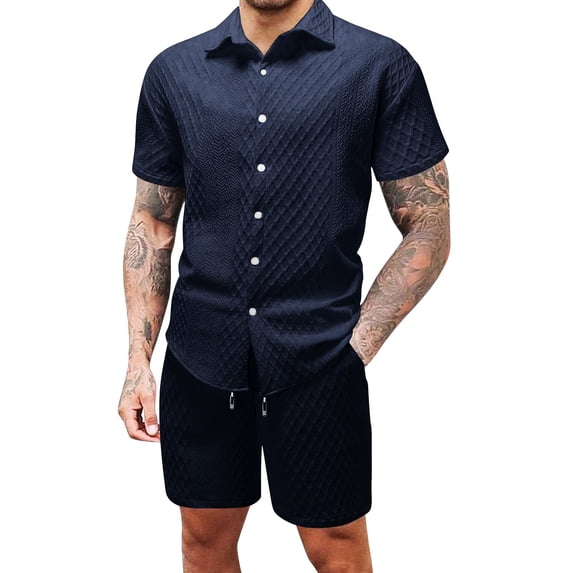 BLTIBY Mens 2 Pieces Outfits Texture Short Sleeve Button Down Lapel Shirts and Drawstring Shorts Tracksuit Beach Sets with Pockets Navy XL