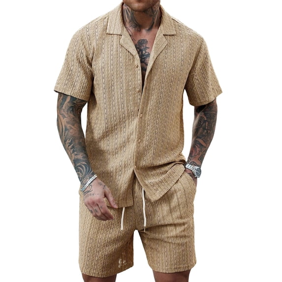 BLTIBY Mens 2 Pieces Outfits Texture Short Sleeve Button Down Lapel Shirts with Drawstring Shorts Tracksuit Beach Sets with Pockets Khaki XXL
