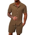 thumbnail image 1 of BLTIBY Mens 2 Pieces Outfits Texture Short Sleeve Button down Lapel Shirts and Drawstring Shorts Beach Sets with Pockets Coffee S, 1 of 4