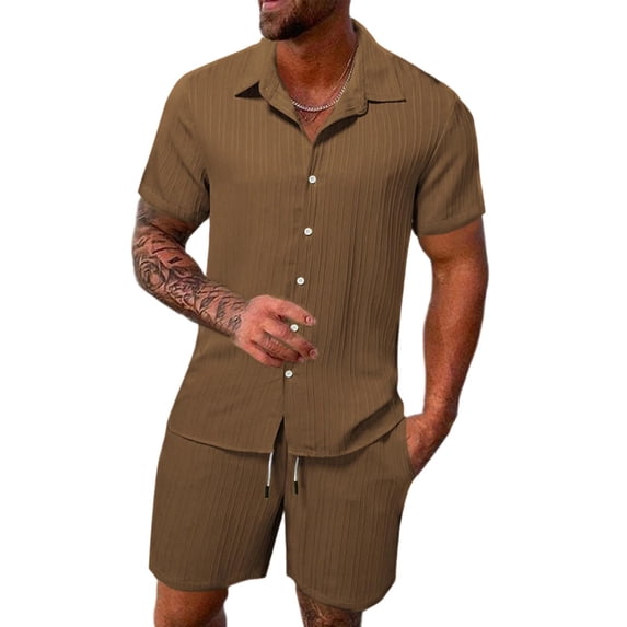 BLTIBY Mens 2 Pieces Outfits Texture Short Sleeve Button down Lapel Shirts and Drawstring Shorts Beach Sets with Pockets Coffee S