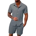 thumbnail image 1 of BLTIBY Mens 2 Pieces Outfits Texture Short Sleeve Button down Lapel Shirts and Drawstring Shorts Beach Sets with Pockets Gray XL, 1 of 4