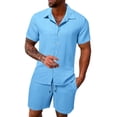 thumbnail image 1 of BLTIBY Mens 2 Pieces Outfits Texture Short Sleeve Button down Lapel Shirts and Drawstring Shorts Beach Sets with Pockets Light Blue S, 1 of 4