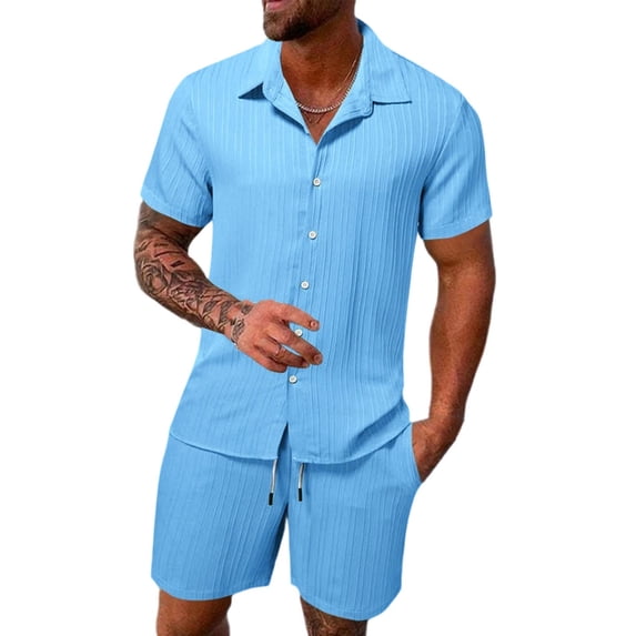 BLTIBY Mens 2 Pieces Outfits Texture Short Sleeve Button down Lapel Shirts and Drawstring Shorts Beach Sets with Pockets Light Blue S