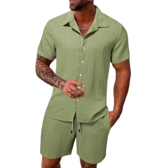BLTIBY Mens 2 Pieces Outfits Texture Short Sleeve Button down Lapel Shirts and Drawstring Shorts Beach Sets with Pockets Mint Green S