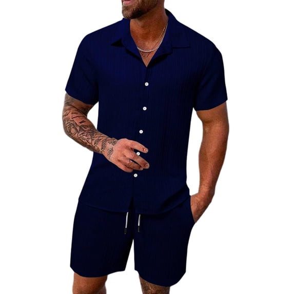 BLTIBY Mens 2 Pieces Outfits Texture Short Sleeve Button down Lapel Shirts and Drawstring Shorts Beach Sets with Pockets Navy 3XL