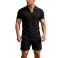 thumbnail image 1 of BLTIBY Mens 2 Pieces Outfits Texture Short Sleeve Lapel Shirts and Drawstring Shorts Tracksuits Sets with Pockets Black L, 1 of 5