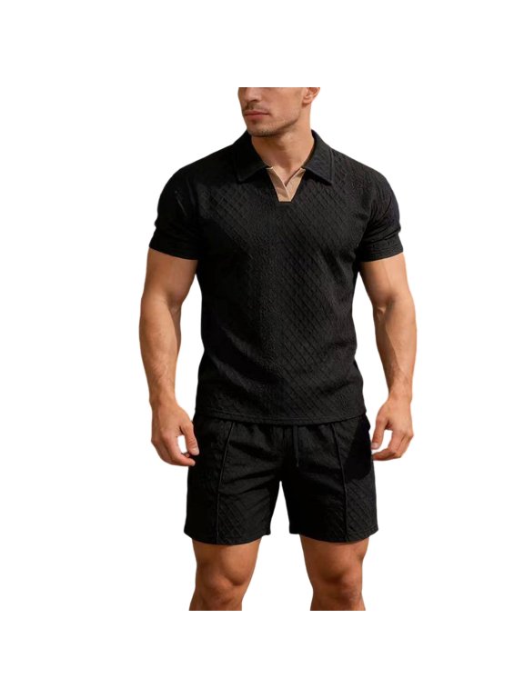 Mens 2 Pieces Outfits Texture Short Sleeve Lapel Shirts and Drawstring Shorts Tracksuits Sets with Pockets Black XXL