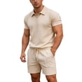 thumbnail image 1 of BLTIBY Mens 2 Pieces Outfits Texture Short Sleeve Lapel Shirts and Drawstring Shorts Tracksuits Sets with Pockets Khaki M, 1 of 5