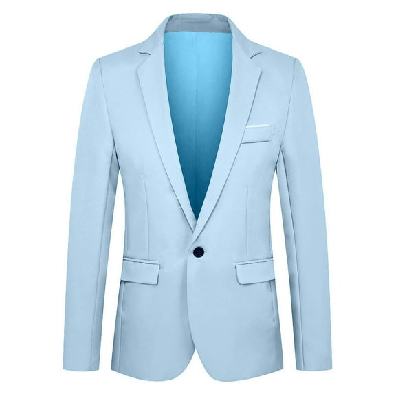 BLTIBY Mens Blazer Jacket Solid Color Business Lightweight Coats Fashion Lapel One Button Outwear with Pockets Light Blue XXL