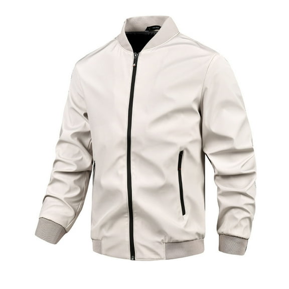 BLTIBY Mens Bomber Jacket Oversized Zip Up Solid Color Stand Collar Coat Lightweight Fashion Casual Outerwear with Zip Pockets Beige XL