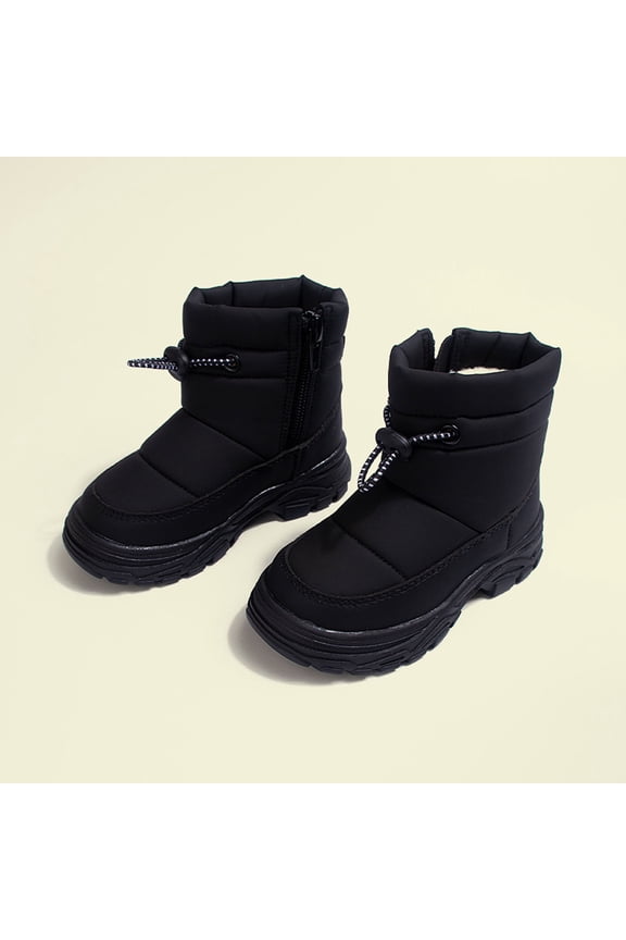 Winter Snow Boots for Girls Boys Teen Non-Slip Side Zip Waterproof Outdoor Thicked Warm Boot Cozy Hiking Walking Shoes Black 11-12Years