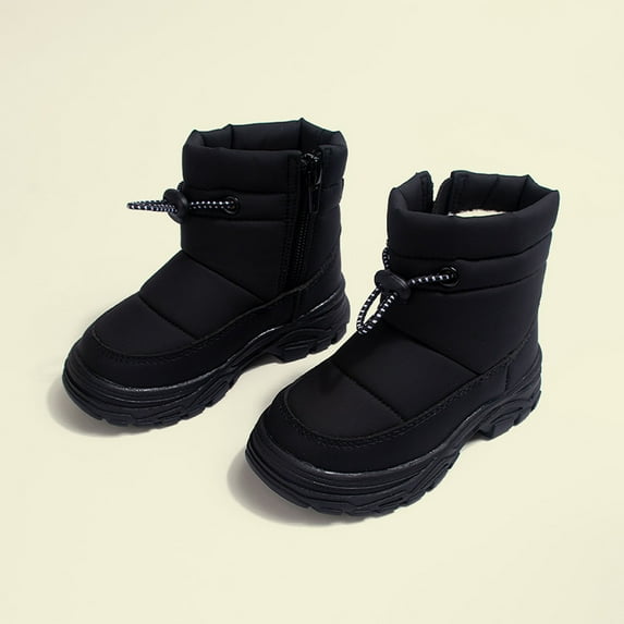 BLTIBY Winter Snow Boots for Girls Boys Teen Non-Slip Side Zip Waterproof Outdoor Thicked Warm Boot Cozy Hiking Walking Shoes Black 12-13Years