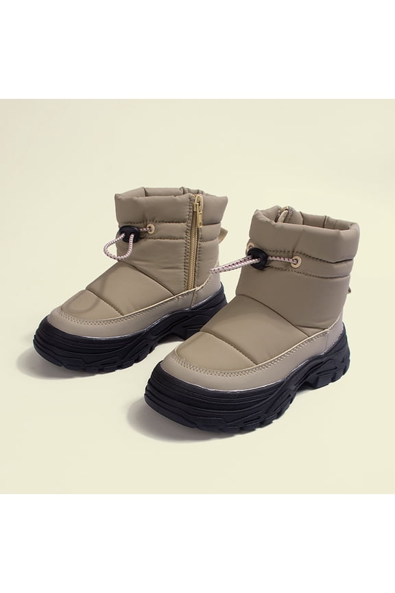 Winter Snow Boots for Girls Boys Teen Non-Slip Side Zip Waterproof Outdoor Thicked Warm Boot Cozy Hiking Walking Shoes Khaki 9-10Years