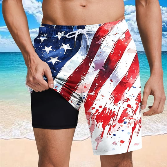 BLTIBY Mens Casual Shorts 2025 Summer Independence Day Printed Elastic Waist Drawstring Beach Short Fashion Sports Short Pants with Pockets White 4 S