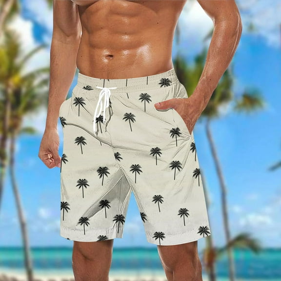 BLTIBY Mens Casual Shorts Summer Coconut Printed Elastic Waist Drawstring Beach Short Fashion Sports Short Pants Beige XL