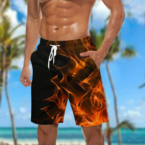 BLTIBY Mens Casual Shorts Summer Elastic Waist Drawstring Flame Printed Beach Short Fashion Lightweight Short Pants with Pockets Orange 4XL