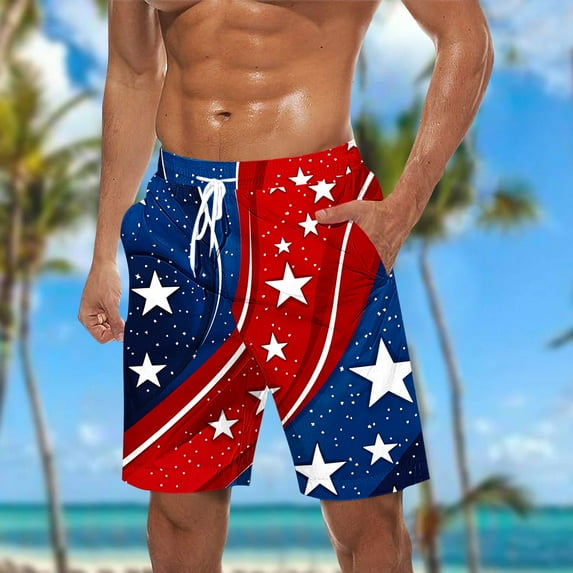 BLTIBY Mens Casual Shorts Summer Independence Day Printed Elastic Waist Drawstring Beach Short Fashion Sports Short Pants Blue 6 S