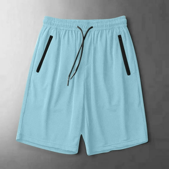 BLTIBY Mens Casual Shorts Summer Solid Color Elastic Waist Drawstring Beach Loose Shorts Lightweight Fashion Short Pants with Zip Pockets Light Blue 5XL