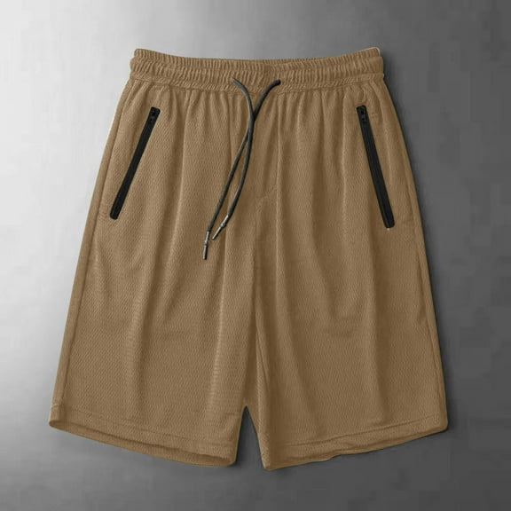 BLTIBY Mens Casual Shorts Summer Solid Color Elastic Waist Drawstring Beach Loose Shorts Lightweight Fashion Short Pants with Zip Pockets Brown 5XL