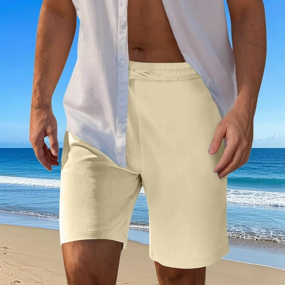 BLTIBY Mens Casual Shorts Summer Solid Color Elastic Waist Drawstring Beach Short with Pockets Fashion Short Pants 2025 Beige XXL