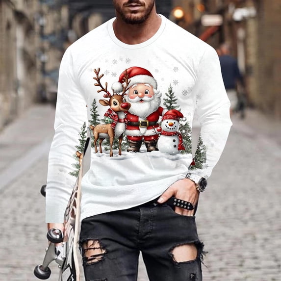 BLTIBY Mens Christmas Sweatshirts Xmas Printed Funny Graphic Long Sleeve Crewneck Top Fashion Casual Pullover Blouse Wine 4XL