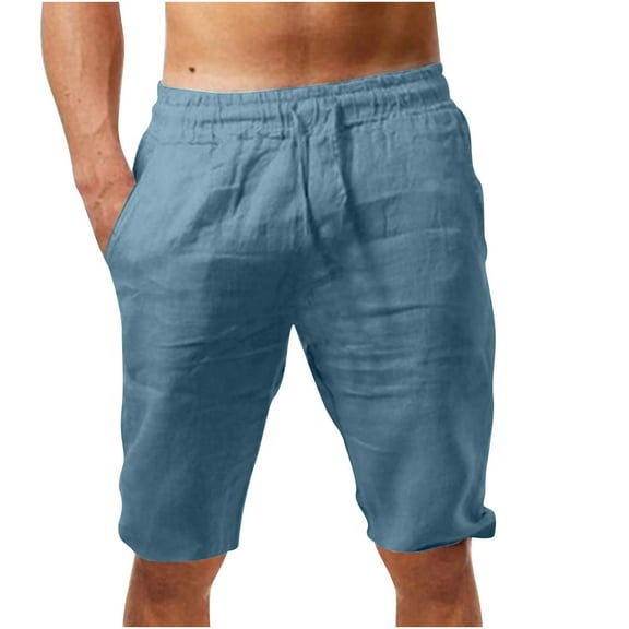 BLTIBY Mens Cotton Linen Shorts Summer Solid Color Elastic Waist Drawstring Beach Short with Pockets Fashion Casual Short Pants Navy 3XL