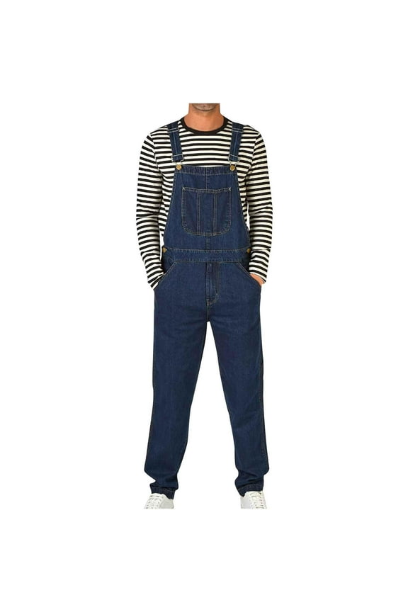 Mens Denim Bib Overalls Jeans Jumpsuits Workwear Pants Adjustable Straps Long Cargo Trousers Lightweight Fashion Multiple Pockets Hippy Clothes Dark Blue 3XL