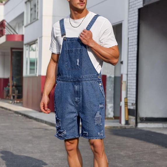 BLTIBY Mens Denim Shorts Bib Overall Jean Romper Casual Loose Fit Walkshort Button Summer Jumpersuit with Pockets Blue 2 XL