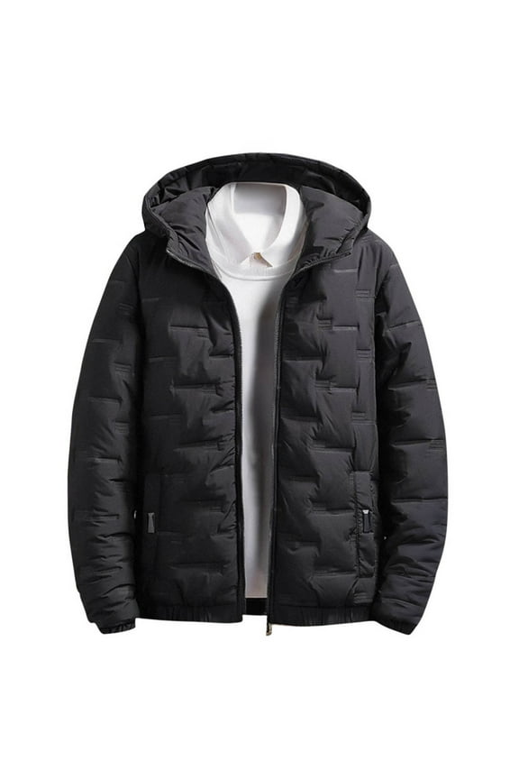 Mens Down Puffer Jacket Hooded Fall Winter Solid Color Lightweight Coat Light Thin Insulated Jackets Outwear with Pockets Black 3XL